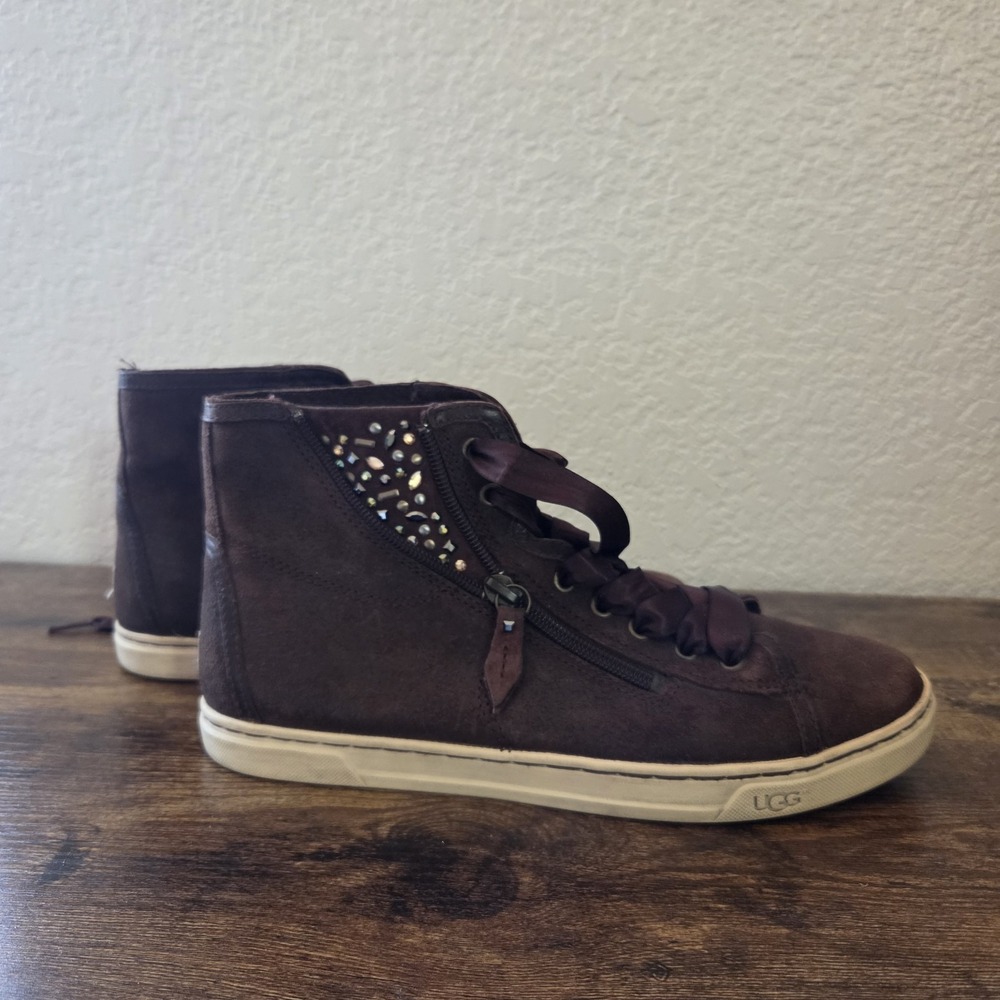 UGG 1008490 High Top Sneaker Women 8.5 Brown Suede Crystal Ribbon Glam Casual